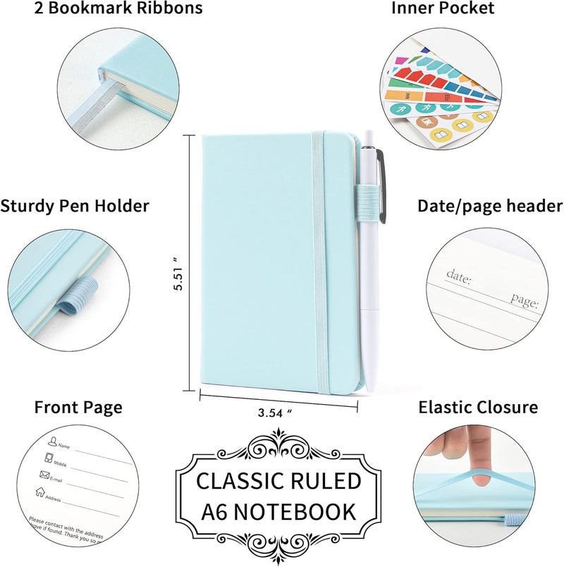 Feela 3 Pack Pocket Small Notebook Journals, Mini Cute Memo Notepad Hardcover College Ruled Lined Journals with Pen Holder for Women Girls Office School, with 3 Black Pens, 3.5”x 5.5”, A6, Sky Blue - Image 2